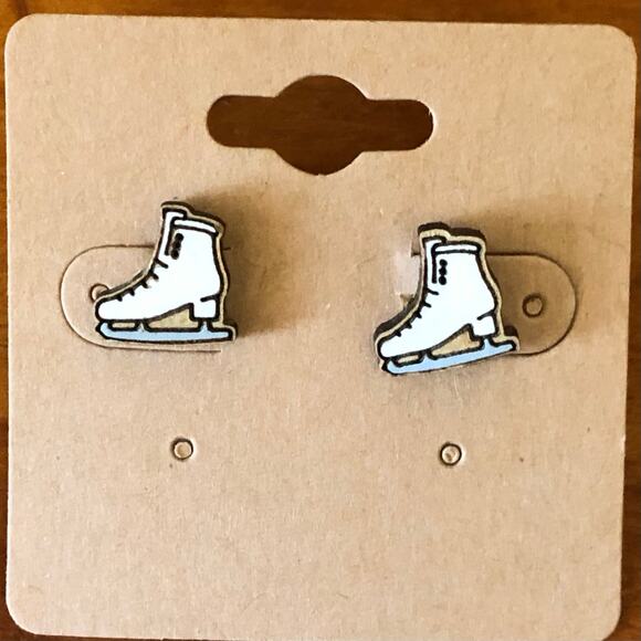 White Black Ice Skates Stud Earrings - Hand Painted Wood, Hypoallergenic - Picture 3 of 4